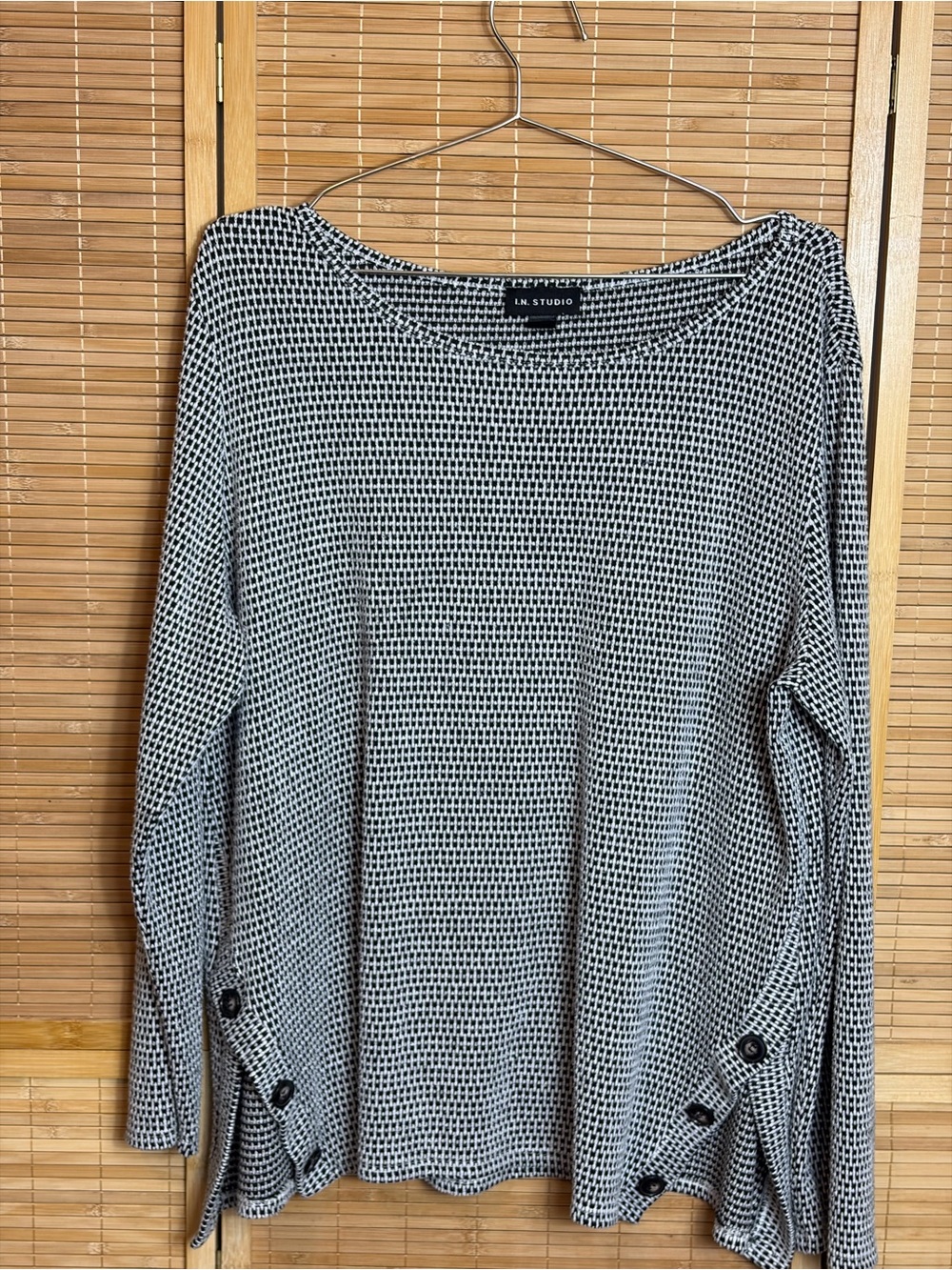 I.N. Studio Black and White Gingham Knit Long Sleeve Top XL Lagenlook